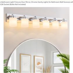 
6 Light Modern Bathroom Light Fixtures Over Mirror, Chrome Vanity Lights for Bathroom Wall Sconces with Milky White Glass Shades, E26 Socket (Bulbs N