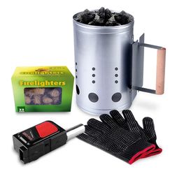 Rapid Charcoal Chimney Starter Set Fireplace Accessories Lighter Cubes BBQ Heat Resistant Gloves Blower BBQ Tools(11.5" x 7" x 7")