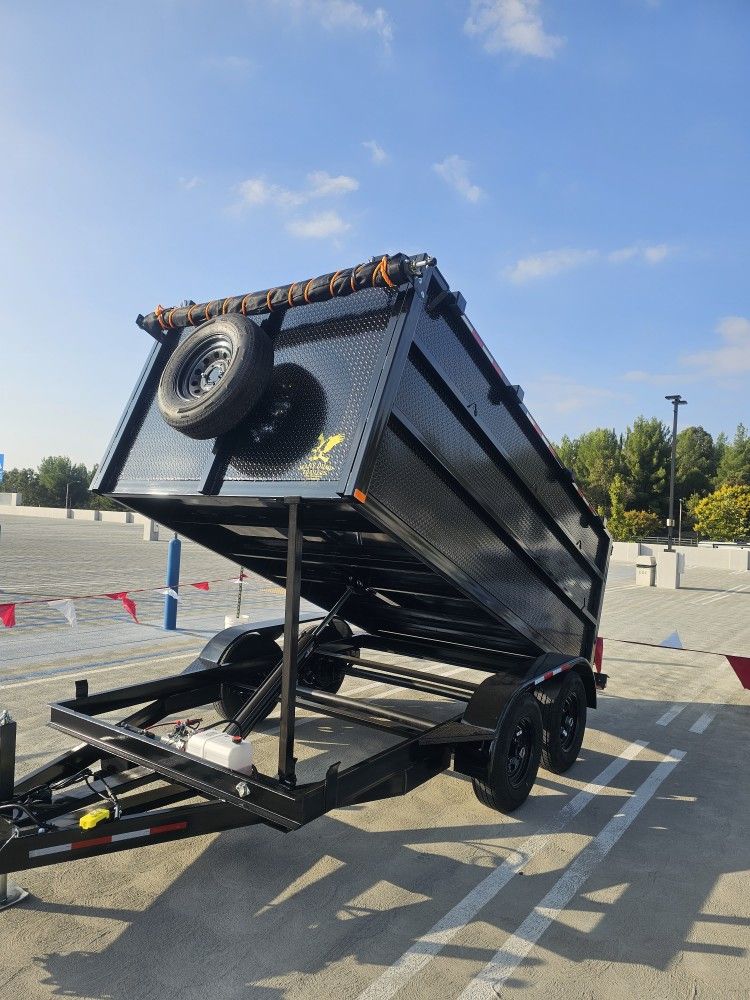NEW DUMP TRAILER 8X12X4 12000 LBS
ROLLING TARP--SPARE TIRE,ELECTRIC BRAKES,HYDRAULIC SYSTEM,REMOTE CONTROL,IDEAL FOR HAULING, DEMOLITION, TRASH ETC,