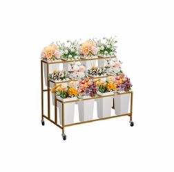Flower Display Stand with 12 Square Buckets,Metal Flower Cart with Wheels for Patio, Garden, Shop, Indoor and Outdoor,Gold for Patio, Garden, Shop, In