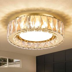 11" Crystal Chandelier LED Gold Flush Mount Light Fixture Hallway Closet 300K-600K