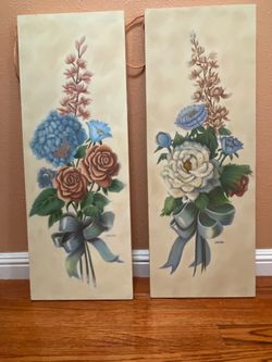 Pair of Joan Cole Floral Wall Art Panels with Tassels 31” H x 11.5” W