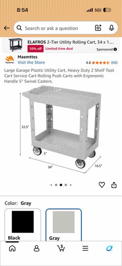 Large Garage Plastic Utility Cart, Heavy Duty 2 Shelf Tool Cart Service Cart Rolling Push Carts with Ergonomic Handle 5" Swivel Casters.