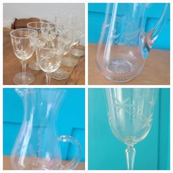 Vintage Etched Glass Wine Glasses And Pitchers