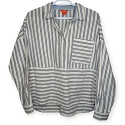 Joe Fresh Striped White Grey Cotton Long Sleeve Partial Button Down
