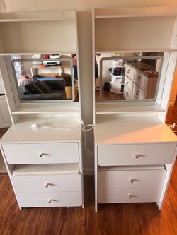 Set of 2 White Makeup Vanities with Mirrors, Storage & Lights