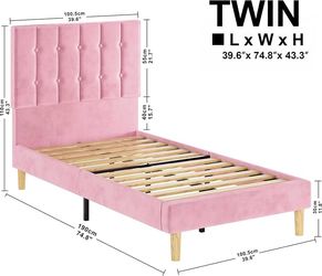 Twin Bed Frames with Headboard, Velvet Upholstered, Pink