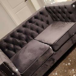 3 Piece Sofa Set Sofa Loveseat Chair Grey Velvet Button Tufted Chrome Legs Nailhead Trim Accent Firm Price $1,900 Financing Available 