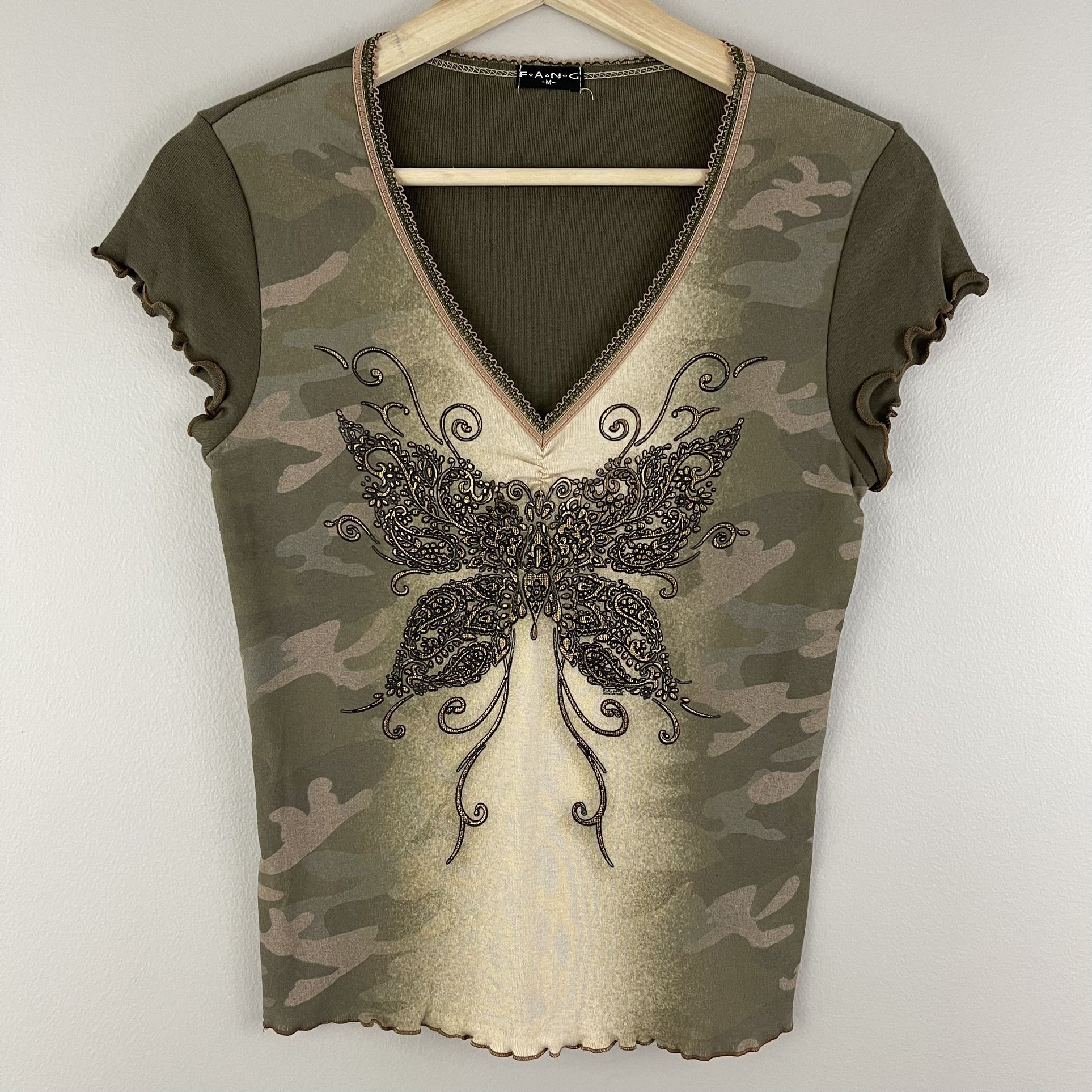 FANG Vintage Y2K Dark Green Camo V Neck Flutter Sleeve Butterfly Graphic Tee