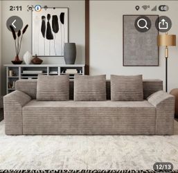 Large Corduroy Sofa with Throw Pillows