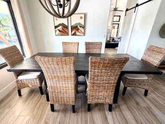 Rustic Espresso Dining Set – Extendable Table + 6 Wicker Chairs
