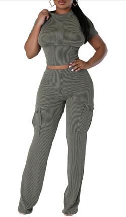 2 Piece Sets Short Sleeve Crop Top & Wide Leg Cargo Pants (M)