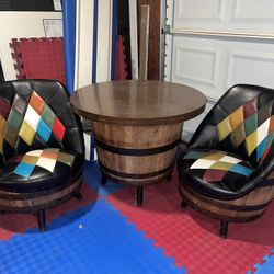 Vintage Barrel Table + 2 Swivel Chairs Set – Mid Century Harlequin – Rare