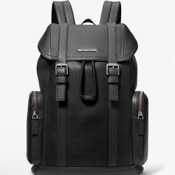 Michael Kors Cooper City Men Buckle Side Pockets Leather Travel Backpack Black