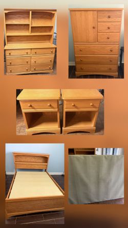 BEAUTIFUL SOLID OAK FULL SIZE 8pc BEDROOM SET WITH BUNKIE BOARD IN EXCELLENT CONDITION!
