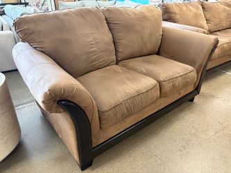 ASHLEY Tan Suede Flare Arm Loveseat w/ Dark Wood Trim