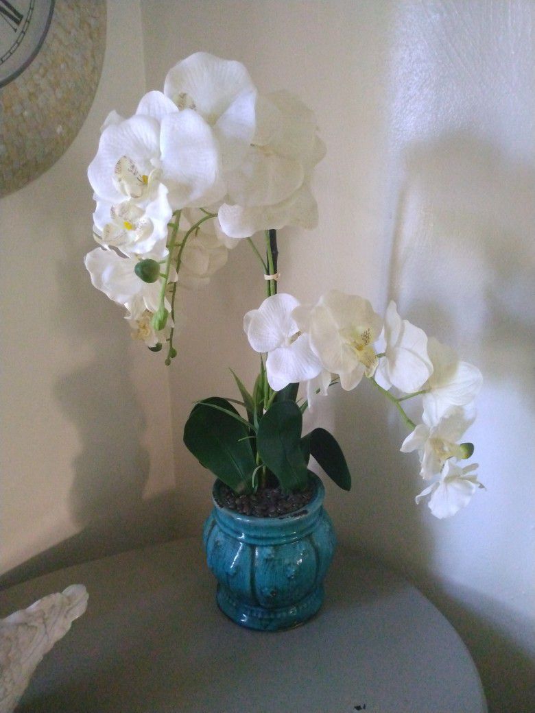 Fake Orchid 2 Ft High In Teal Blue Ceramic Pot
