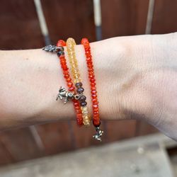 Handmade Carnelian & Citrine Beaded Multi-Strand Bracelet with Silver Animal Charms