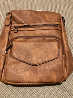 Brown Faux Leather Multi-Pocket Backpack