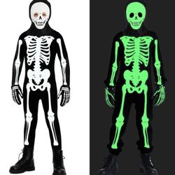 Skelton Glow in the Dark Bodysuit Jumpsuit Halloween Costume Kid 8-9 / Traje de Eskeleto Ninos 8-9