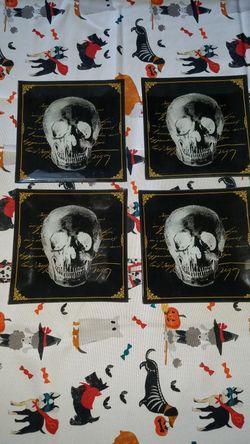 4 square glass skull Halloween plates 8" x 8"