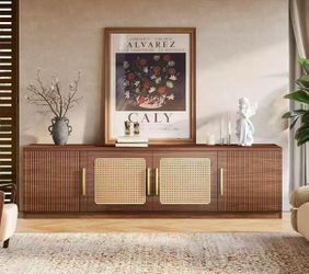 HL0157 new assembled 70.9" TV Stand for Living Room, Mid Century Modern Entertainment Center with 6-Tier Storage Shelf, Wood Long Media Console Televi
