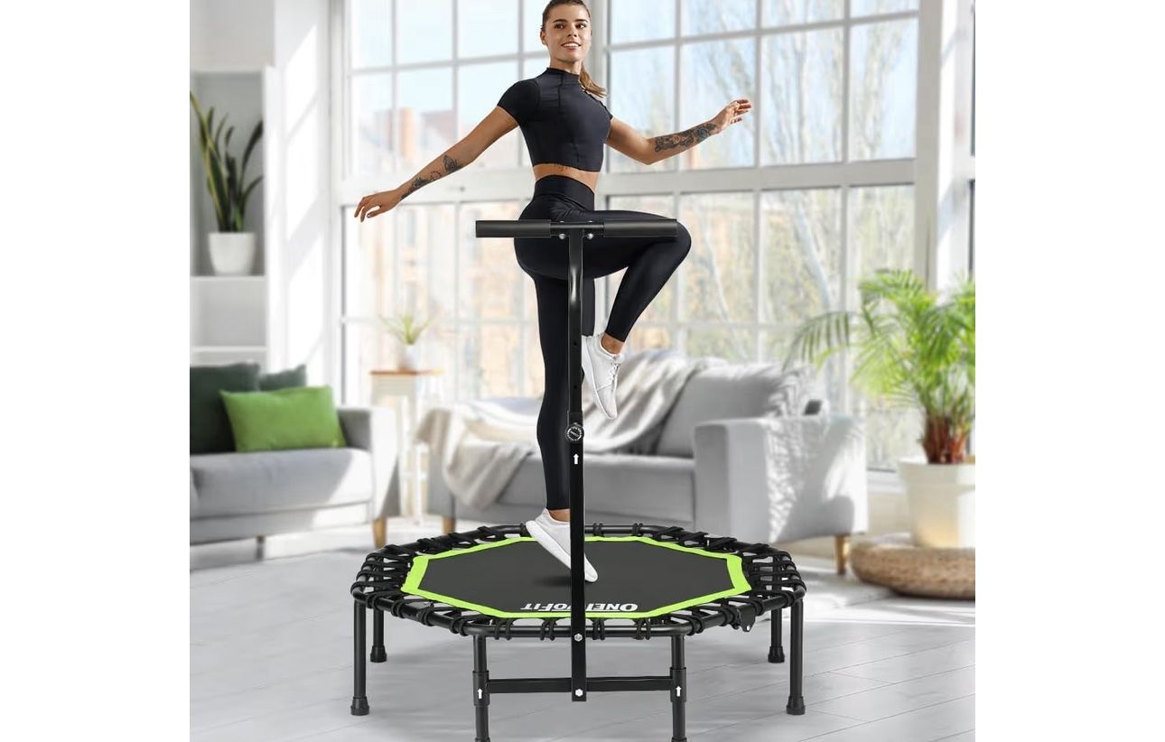 40" Fitness Mini Trampoline with Adjustable Handle Bar, 330lbs Foldable Bungee Rebounder for Adults and Kids, Stable & Quiet Exercise Rebounder Indoor