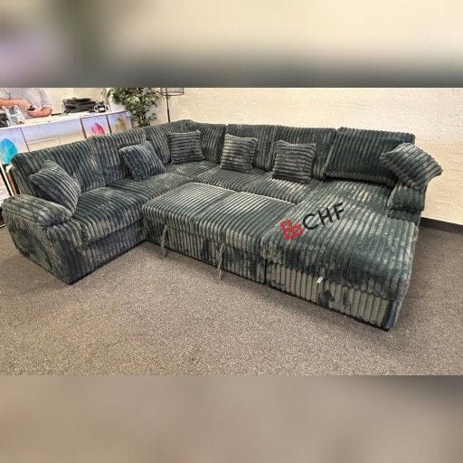 RIGHT HAND FACING Chaise Storage Corduroy Fabric Upholstered U-Shaped Sectional Sofa with Pull Out Bed and 6 Throw Pillows.