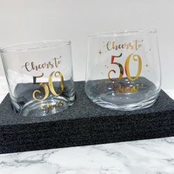 Cheers to 50 Years Stemless Wine & Whiskey Glass Gift Set with Gold Foil Design