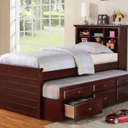 Brand New Cherry Twin Size Bed Frame w Trundle Bed + Drawers 
