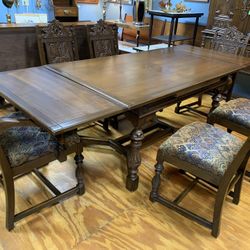 Vintage Jacobean Spanish Revival Dining Table With 6 Chairs 