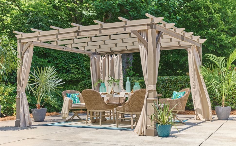 allen + roth Riverpointe 12’ Light Brown Metal Freestanding Pergola w/ Curtains