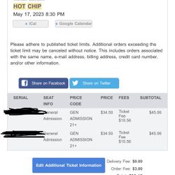 Tickets To HOT CHIP Wed 5/17