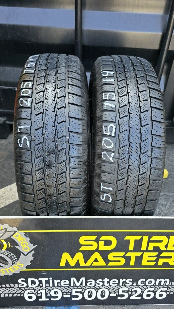 2 USED TIRES ST 205/75/14 TRAILER PROVIDER w/90% Thread Both Installed and Balanced $100 ($50 each)
