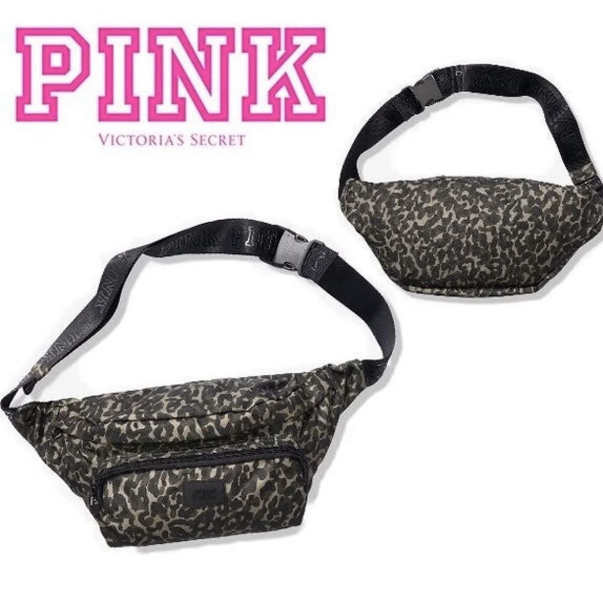 New Pink-Victoria-Secret Fanny Pack Belt Waist Bag Studded Logo Animal Print Green Dark