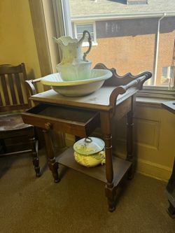 Antique Walnut Wash Stand With Wash Bowl And Pitcher