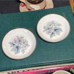 Set of 2 Royal Worcester Woodland Pin Trinket Butter Pat Floral Dishes Bone China 4.5"