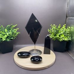 128g 5.6”x3.1” Smokey Quartz Diamond Carving, 86g 3.8” Tower & 116g Palm Stone 2.3” & 1.8”