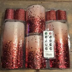 FURORA LIGHTING Red Glitter Real Wax LED Candles with Remote and 6/18 Timer, 4 Pillars and 4 Votives Pack of 8, Flameless Flickering Candles for Home 