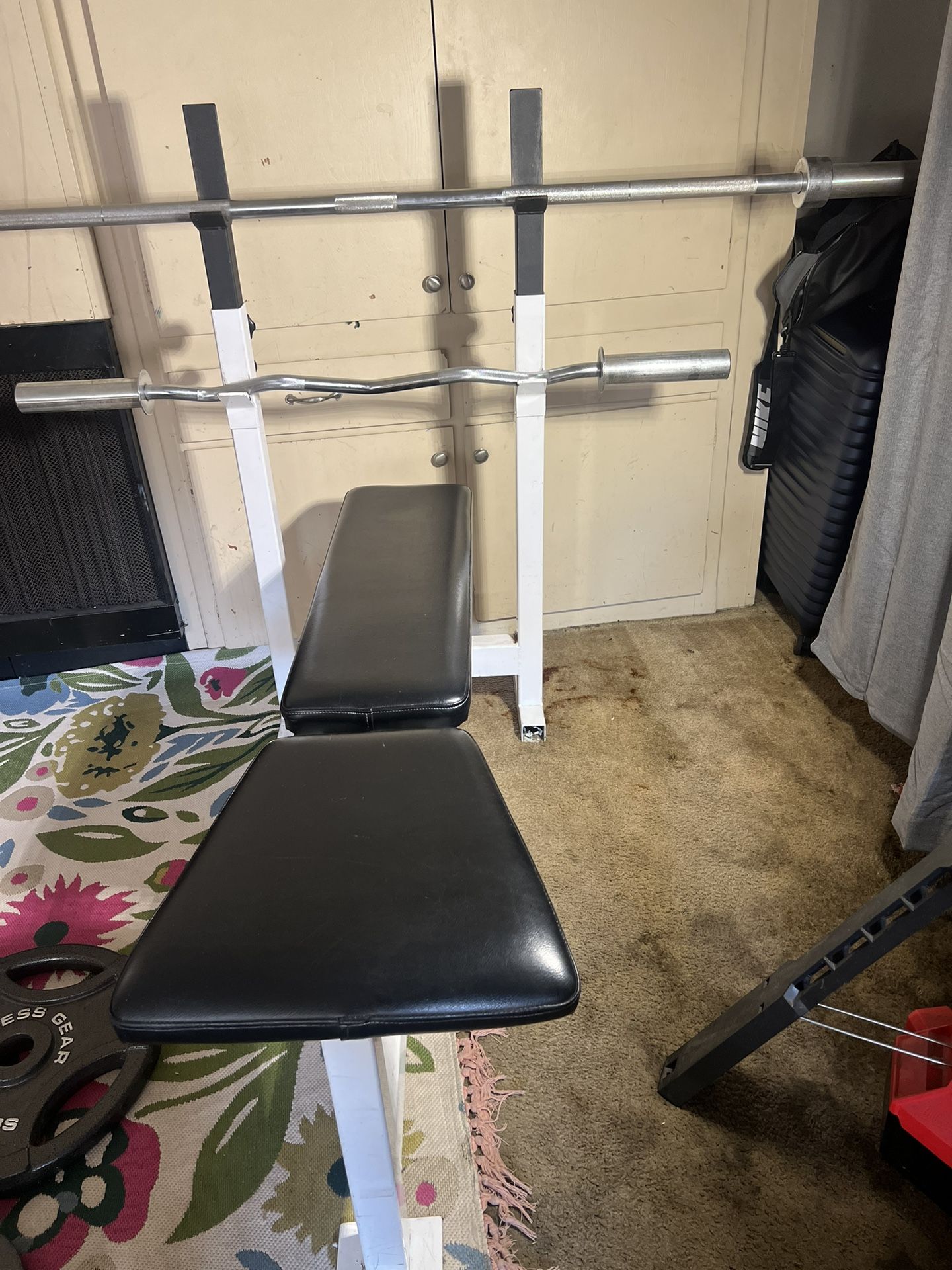 GOOD CONDITION Bench Press Multi-use , 300LB Set, Olympic bar + Z Curl bar