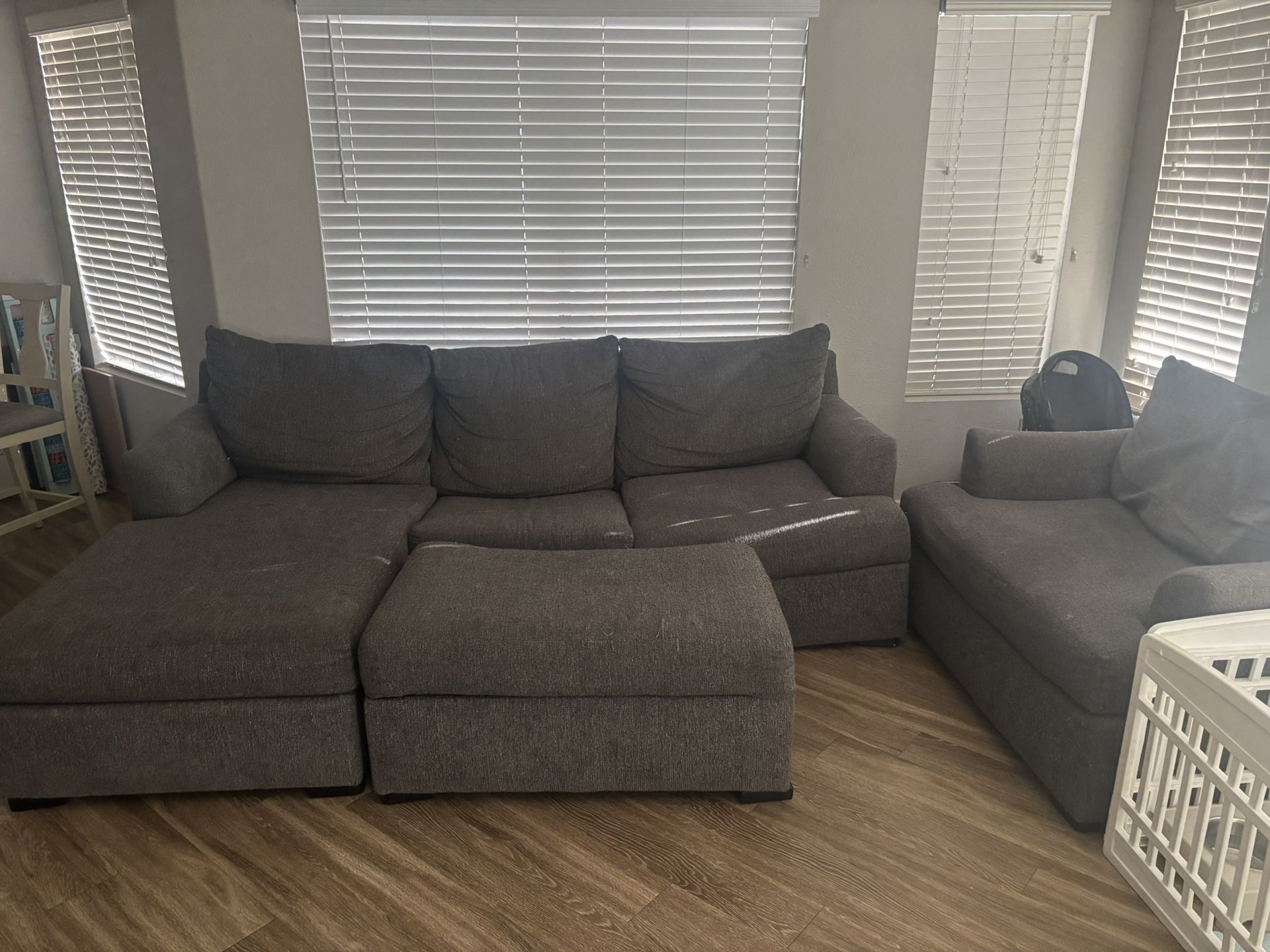 Grey Sofa With Large Chair & Ottoman
