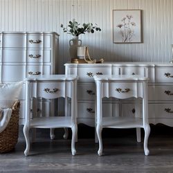 French Provincial Vintage Dresser, Tallboy & Nightstands Set Changing Table Nursery Farmhouse Country Cottage Shabby Chic Painted Cream