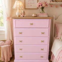 🎀 Gorgeous Wooden BOHO Pink Girls’ Dresser Bows One if a kind so CHIC
