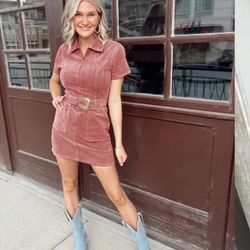 Womens Corduroy Zip Up Mini Dress Short Sleeve Belted Cowgirl Dresses for Summer