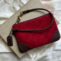 Coach Vintage Y2K Rare Burgundy Wool logo brown Leather trim strap Wristlet Bag