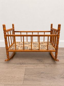 1950’s Vintage Wooden Doll Cradle Rocking Bed Colonial Tavern Print Fabric - solid wood
