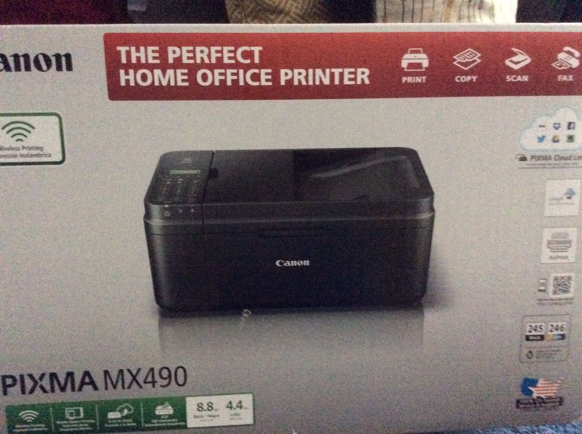 Brand new printer in a box: it has Print, Fax, Scan and Copy . Also!😎😎 it has toner and is wireless😎😎