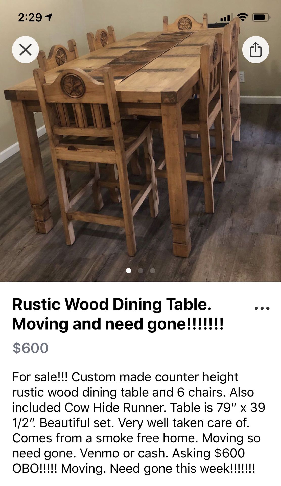 Reduced!!!! Moving and need gone!!!! Rustic Wood Dining table