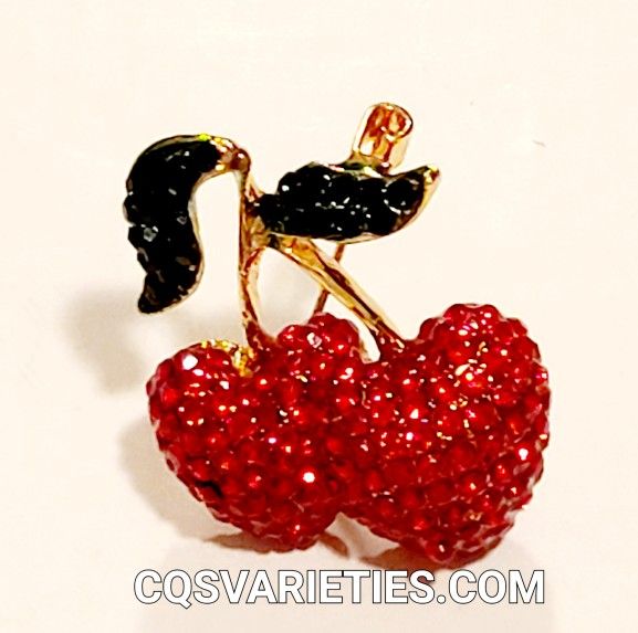Red Rhinestones Heart Shape Cherries Brooch Pin