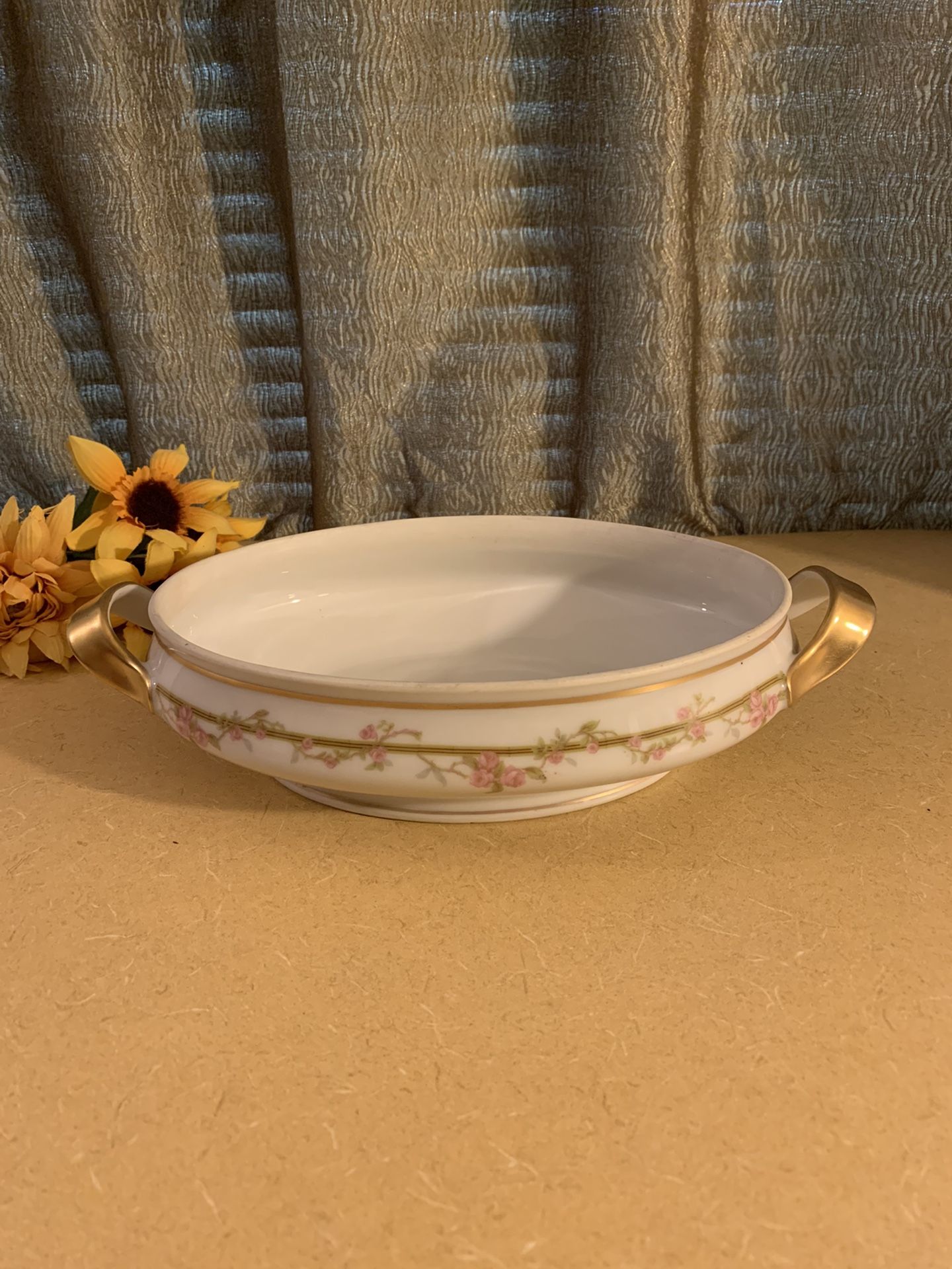 VINTAGE Theodore Haviland Limoges FRANCE Oval Serving Bowl - Pink Roses Pattern With Gold Trim & Brushed Gold Handles